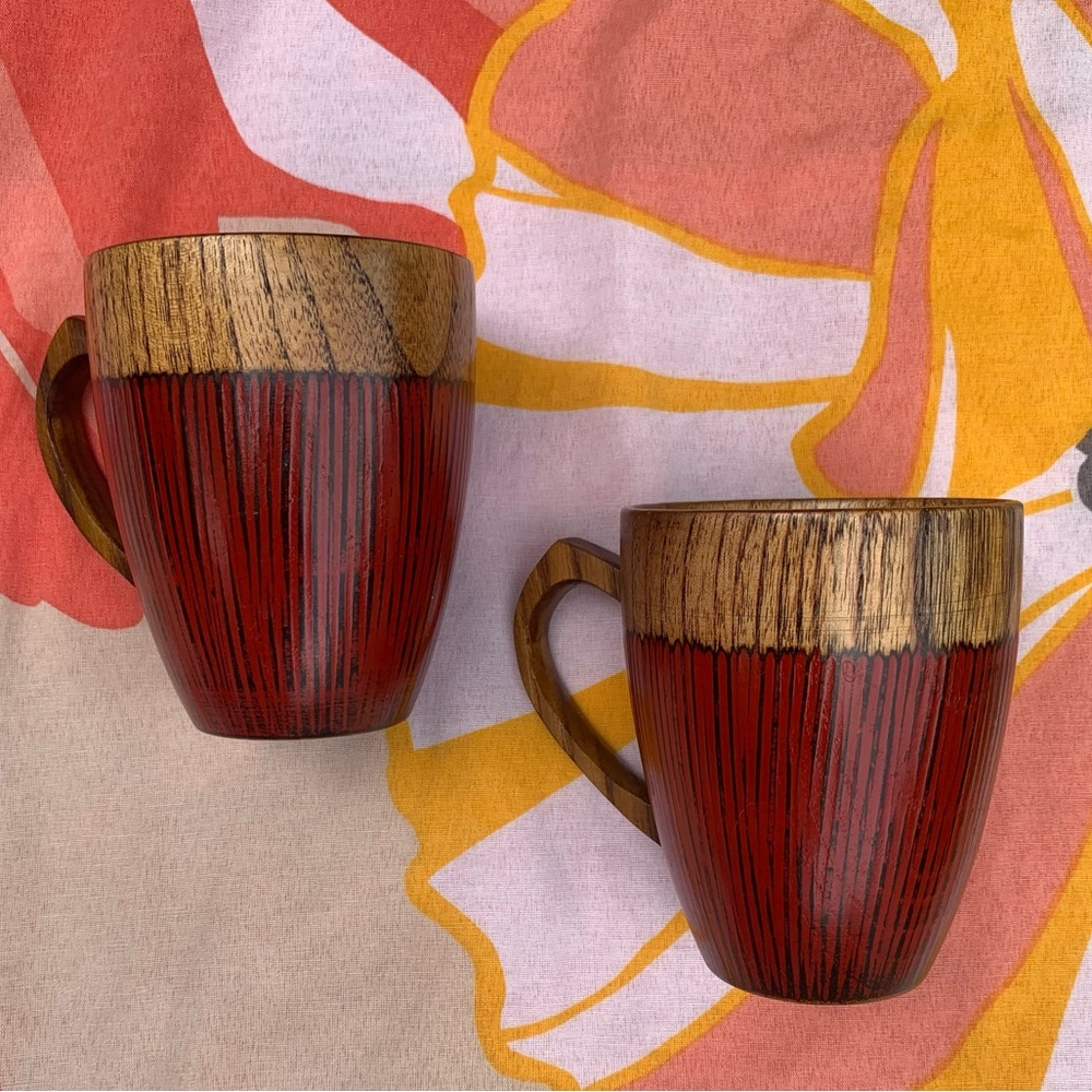 Set of Two Handmade Natural Red Wooden Cups ☕️ Coffee or Tea Mugs w/ Handles 🍵